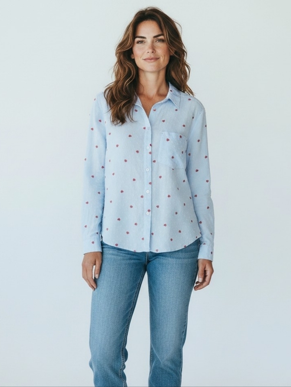 Denim & Co. Heart Print Button Front Shirt